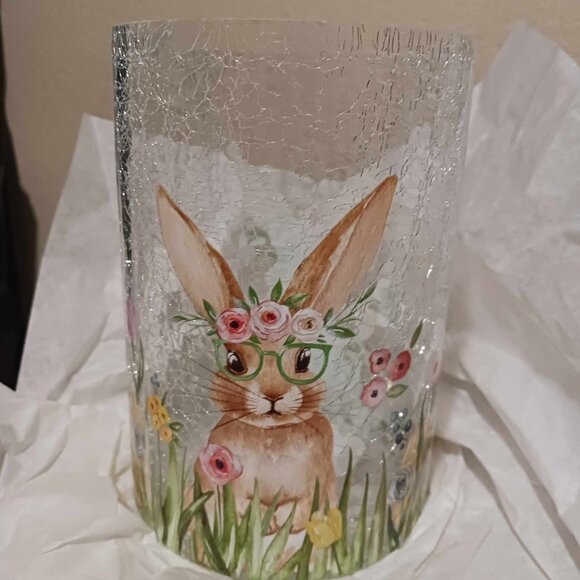 Yankee Candle Bunny with Glasses Crackle Glass Large Hurricane Candle Holder NEW - Picture 1 of 5